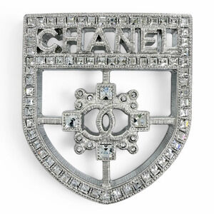 CHANEL B15B Emblem Logo Coco Mark Rhinestone Brooch, Silver, Made in Italy, W...